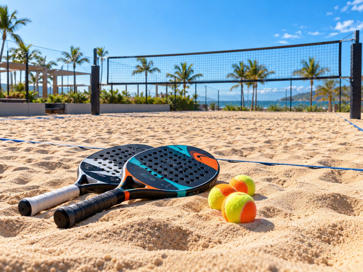 Raquetes de beach tennis e bolas na areia